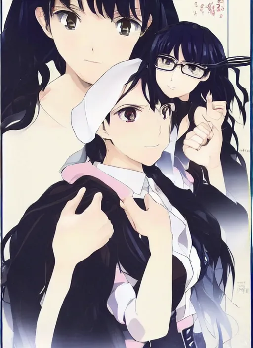 Image similar to key anime visual of a beautiful girl wearing a beige beret and blue shirt; long black hair; anime; drawn by Shigenori Soejima; 3 tone colors