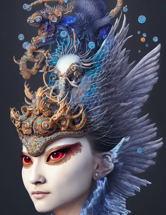 Image similar to 3 d goddess close - up profile portrait with crown, ram skull. beautiful intricately detailed japanese crow kitsune mask and clasical japanese kimono. betta fish, jellyfish phoenix, bio - luminescent, plasma, ice, water, wind, creature, artwork by tooth wu and wlop and beeple and greg rutkowski