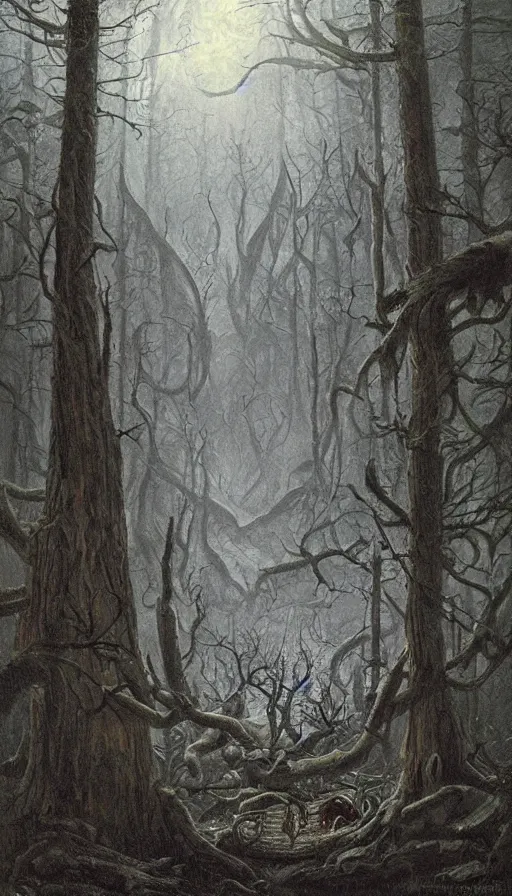 Image similar to a storm vortex made of many demonic eyes and teeth over a forest, by james gurney