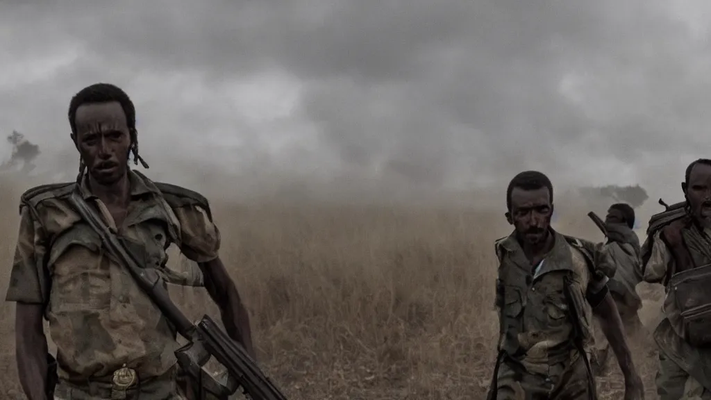 Prompt: Ethiopian civil war, moody, dark, movie scene, hd, 4k, wide shot