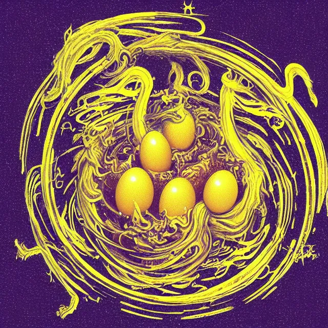 Prompt: a golden egg cracking open with a many headed serpent rising out, occult aesthetics alchemy, award winning art, chromatic aberration