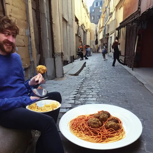 Image similar to kraken and Cthlulu share a romantic plate of spaghetti and meatballs in a Parisian alley, in the style of Disney's Lady and the Tramp,