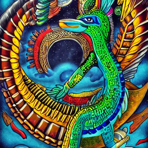 Image similar to quetzalcoatl creating the universe, style by par olofsson