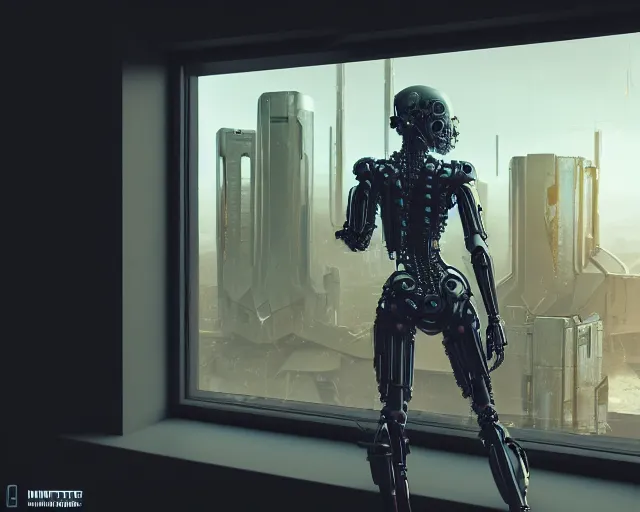 Image similar to armored female with biomechanical cybernetic body is drinking coffee near a window with dystopian city visible outside. very detailed 8 k. cyberpunk fantasy style. unreal engine render. global illumination. nanite. rtx. path tracing.