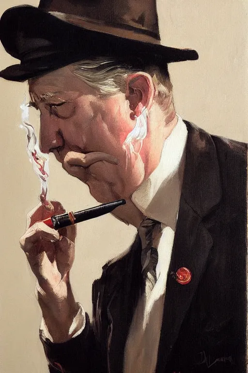 Prompt: david lynch smoking cigarette, billowing smoke, painting by jc leyendecker!! phil hale!, lynchian!!!! ominious, dark lighting, angular, brush strokes, painterly, vintage, crisp