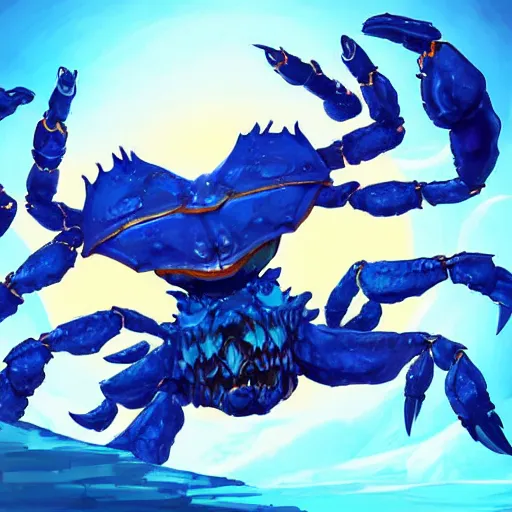 Image similar to blue giant (((((((crab monster)))))))) with giant crab claws, giant crab claws, giant crab claws, fantasy digital art, magical background in the style of hearthstone artwork