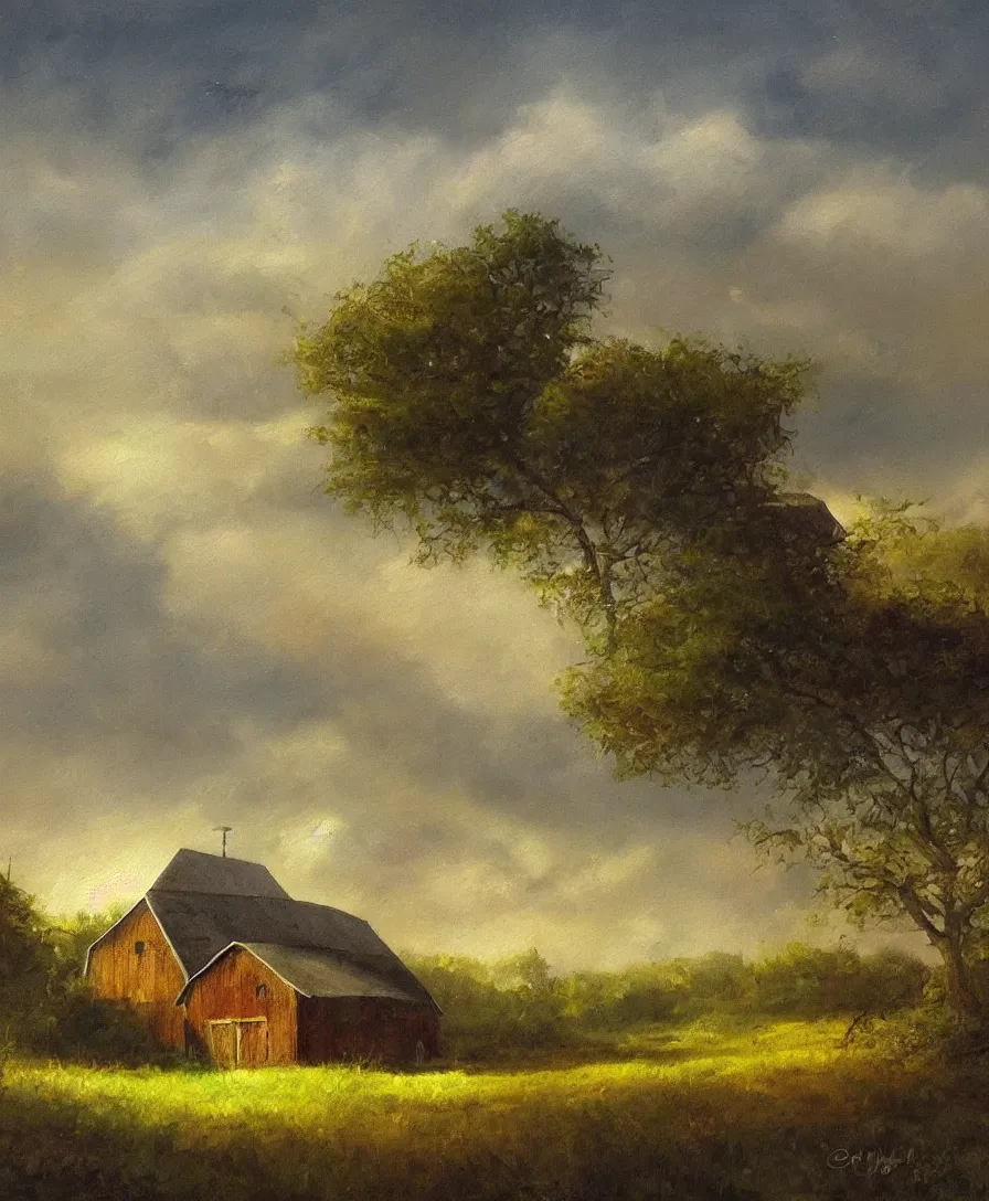 Prompt: a dreamlike painting of a rustic, calm, peaceful countryside with a barn