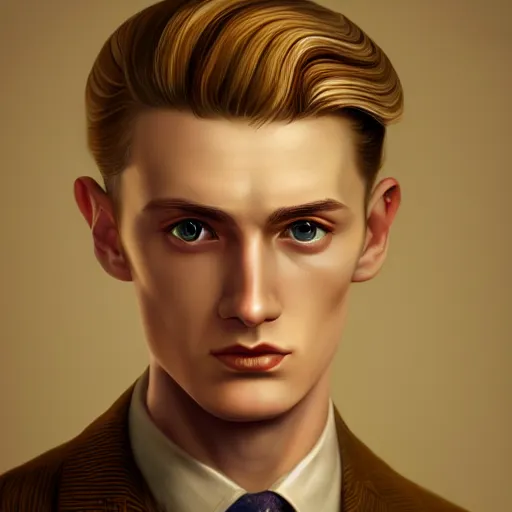 Image similar to A videogame portrait of a young Irish man with high cheekbones. Good bone structure. Dressed in 1940s style. (Blond). Highly detailed, fine Art, high detail, great lighting, 8k resolution, masterpiece, concept art, illustration, clear eyes, painting oil on canvas, octane render, HDR, trending on artstation, 4k, 8k, HD