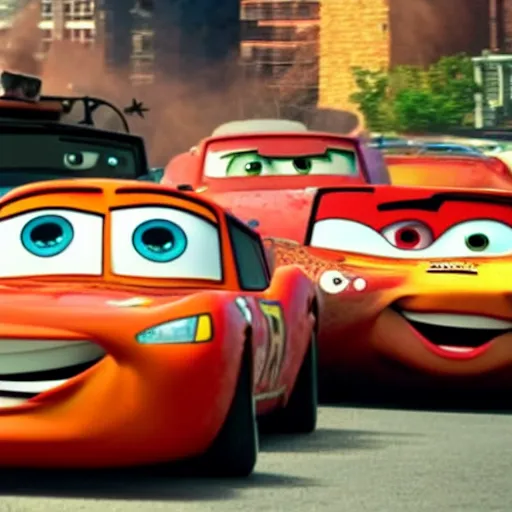 Prompt: a still from a gritty remake of cars, where lightning mcqueen gets into a greusome car accident with tow mater. rendered in 4 k with presto animation software.