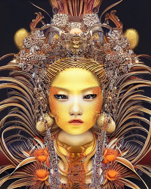 Image similar to hyper realistic portrait photo of ameterasu the sun goddess of japan, portrait shot, intricate detail