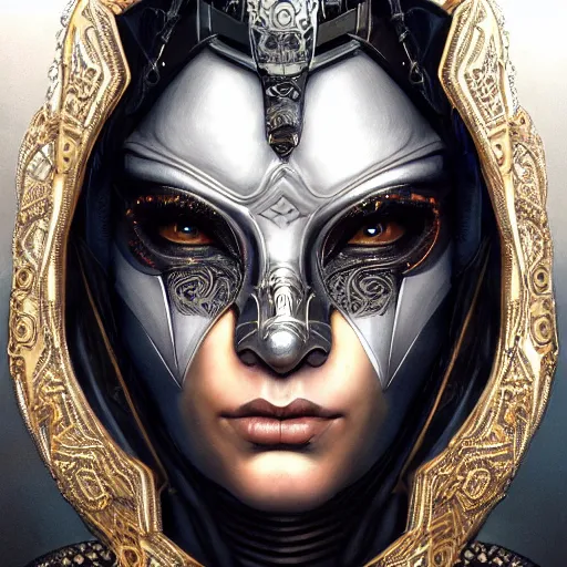 Image similar to Very very very very highly detailed epic photo of full face with scary venetian mask, intricate, dystopian, sci-fi, extremely detailed, digital painting, artstation, concept art, smooth, sharp focus, illustration, intimidating lighting, incredible art by Artgerm and Vincent di Fate