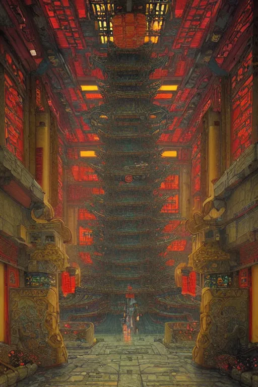 Image similar to cyberpunk chinese ancient castle, fantasy, painting by Gustav Klimt, greg rutkowski and alphonse mucha