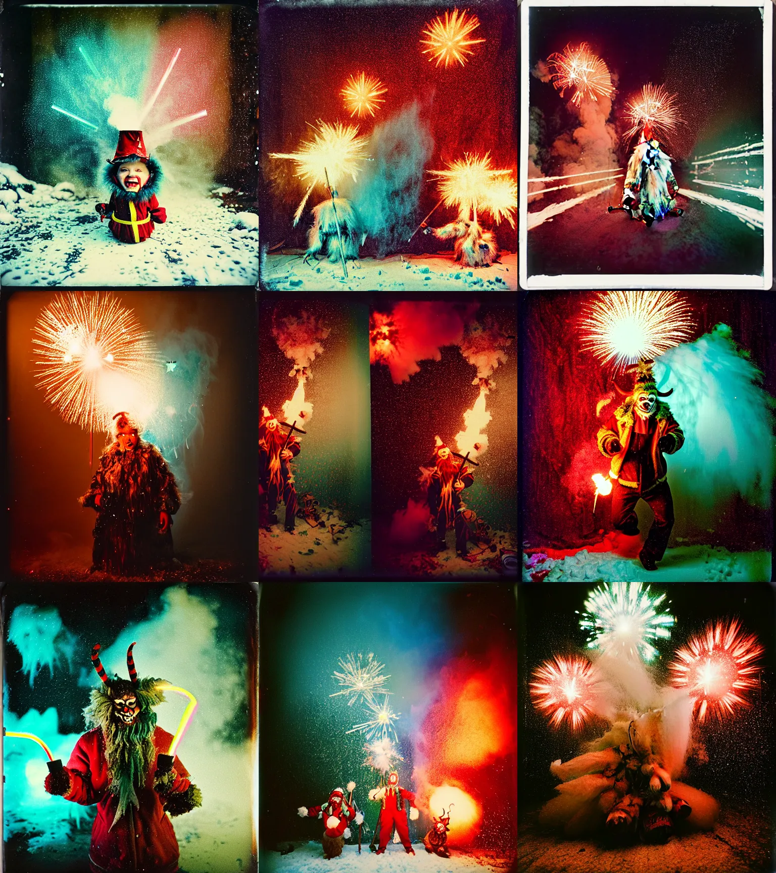 Image similar to kodak portra 4 0 0, wetplate, winter, snowflakes, rainbow coloured rockets, chaos, glitter tornados, award winning dynamic photo of a bunch of hazardous krampus between exploding fire barrels by robert capas, motion blur, in a small pantry at night with colourful pyro fireworks and torches, teal lights