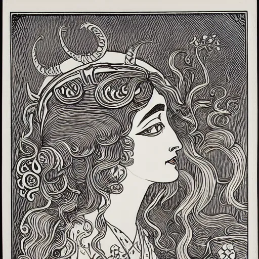 Image similar to filigree detailed illustration of a profile of gypsy girl with long curly hair and big goat horns, aubrey beardsley, woodcut