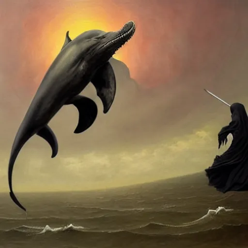 Image similar to a hyper realistic painting of the grim reaper riding a dolphin jumping over a rainbow, death, black cloak, by greg rutkowski and santiago caruso,