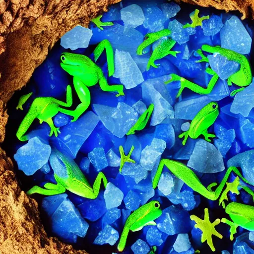 Image similar to investors in a cave full of blue crystals and frogs