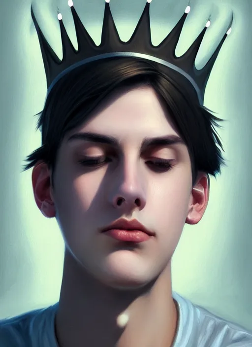 Image similar to portrait of teenage jughead jones wearing a light grey crown, photorealistic, crown, eyes closed, crown, black hair, intricate, elegant, glowing lights, highly detailed, digital painting, artstation, concept art, smooth, sharp focus, illustration, art by wlop, mars ravelo and greg rutkowski