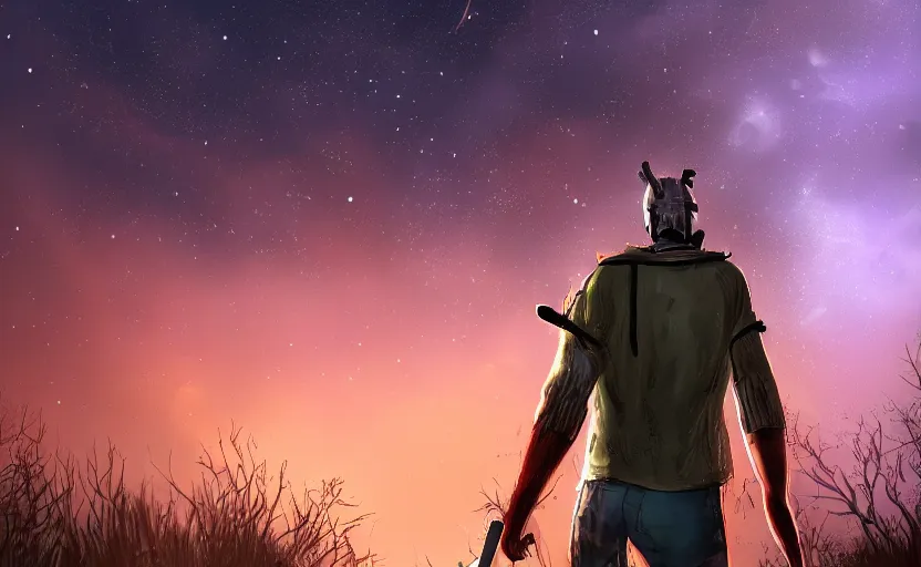 Image similar to view from behind a dead by daylight killer as he looks up to a night sky, stars aligning, character portrait, digital art