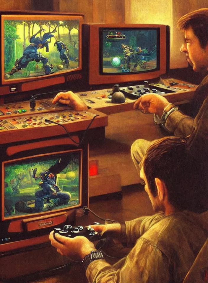 Image similar to Men playing video games on CRT television using Atari joysticks. Painting by Robert Edward Hughes. Intricate details. hyper realism. Masterpiece.