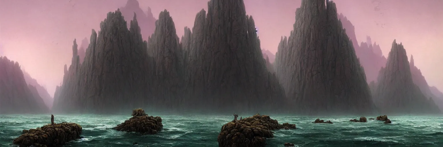 Prompt: a very tall and huge wall made of metal in the middle of nowhere near water and rocks with mountains behind it and dramatic green and purple sky, by Wayne Barlowe, by Simon Stalenhag, by Bruce Pennington, by Greg Rutkowski, masterpiece, oil on canvas, trending on artstation, featured on pixiv, cinematic composition, epic scene, dramatic lighting, explosions in the sky, no frames, 8K