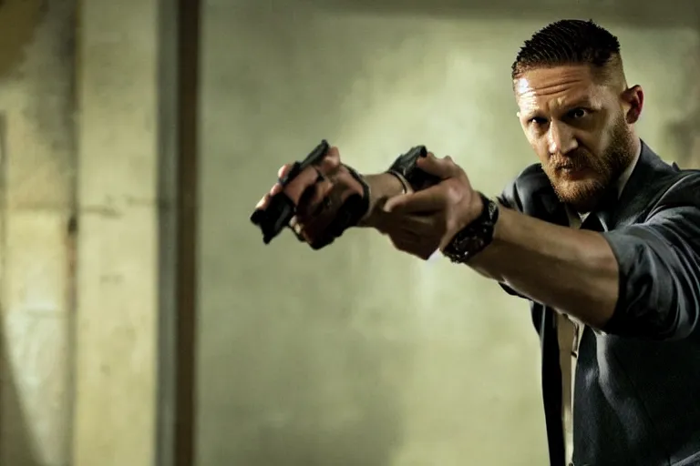 Prompt: film still of Tom Hardy as Max Payne in the Max Payne movie, 4k