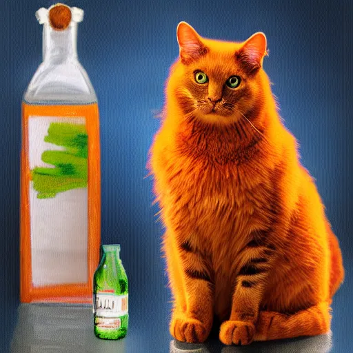 Prompt: a cat standing next to a bottle of medicine. the cat was orange in color and having fluffy fur. animal. digital art. pixabay. shutterstock. impressionism. monet. renoit.