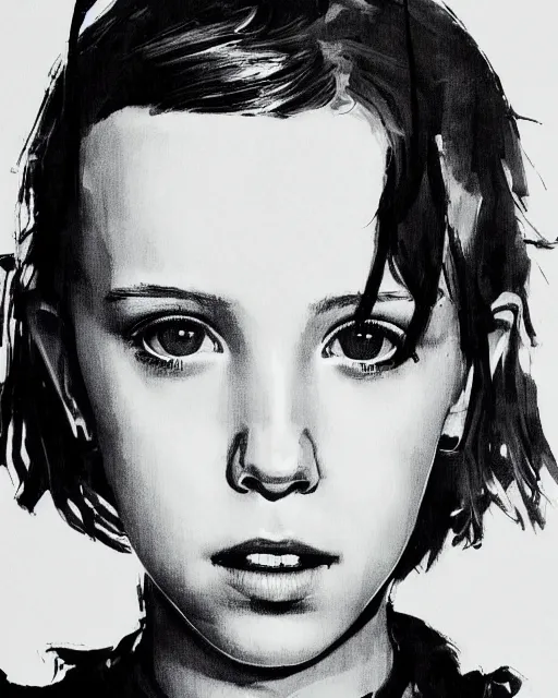 Image similar to close up portrait of millie bobby brown by yoji shinkawa, black and white