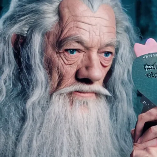 Image similar to portraid of gandalf wearing a Hello Kitty costume, holding a blank playing card up to the camera, movie still from the lord of the rings