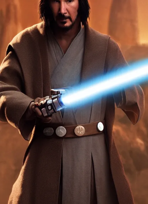 Image similar to a jedi holding a lightsaber, keanu reeves, greg rutkowski, 8 k, shallow depth of field, intricate detail, concept art,