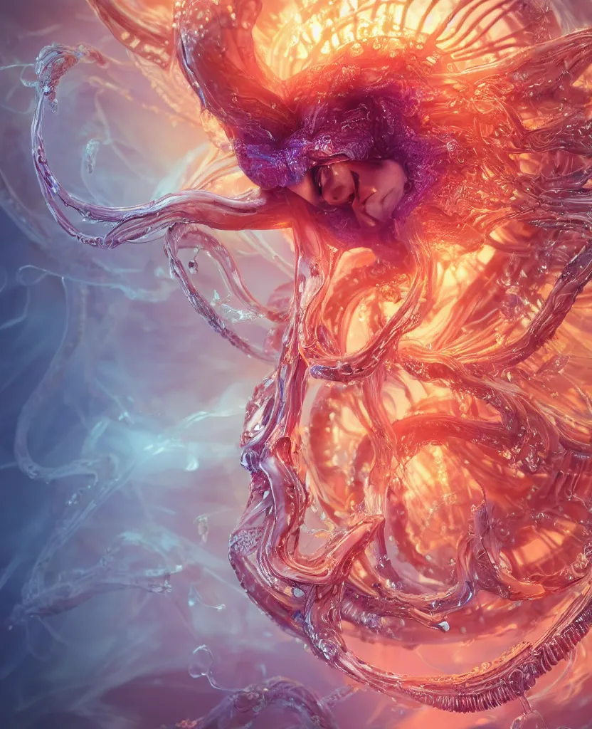 Image similar to close-up macro portrait of the face of a beautiful princess, epic angle and pose, symmetrical artwork, 3d with depth of field, blurred background, cybernetic jellyfish female face skull phoenix bird, translucent, nautilus, energy flows of water and fire. a highly detailed epic cinematic concept art CG render. made in Maya, Blender and Photoshop, octane render, excellent composition, cinematic dystopian brutalist atmosphere, dynamic dramatic cinematic lighting, aesthetic, very inspirational, arthouse. y Greg Rutkowski, Ilya Kuvshinov, WLOP, Stanley Artgerm Lau, Ruan Jia and Fenghua Zhong