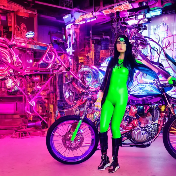 Prompt: a beautiful girl in a cyberpunk costume is standing near a Akira bike, neon lights, super realistic, extremely high detail, glowing purple, vibrant red, vogue magazine cover