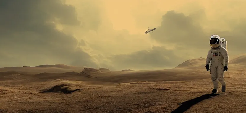 Image similar to matte painting of an astronaut walking in a marcian landscape, at the background is the earth