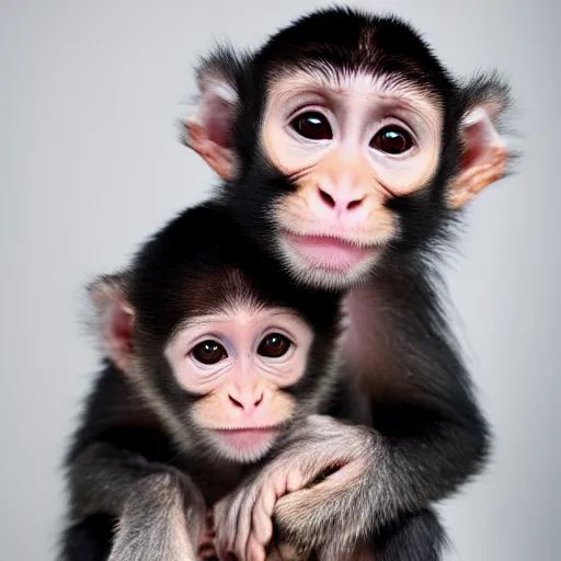 Prompt: a artsy photograph of a baby monkey holding a cute puppy, by annie leibowitz, sharp focus, studio light