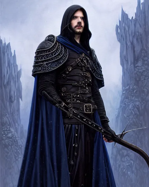 Prompt: realistic male mage face portrait attacking, long black hair blue eyes wearing leather mantle gothic navy cloak with leather details, cliffside town, fantasy character portrait, ultrarealistic, extreme intricate details, elegant, cinematic lighting, highly detailed, artstation, dnd art, cgsociety, sharp focus, beautiful digital painting by artgerm, gerald brom, wlop, alphonse mucha