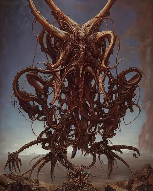 Prompt: elegant renaissance painting of biomechanical warhammer final boss creature vecna, art by bruce pennington and peter mohrbacher, epic bibical depiction, flesh and bones, teths and tentacles, corpses and shadows