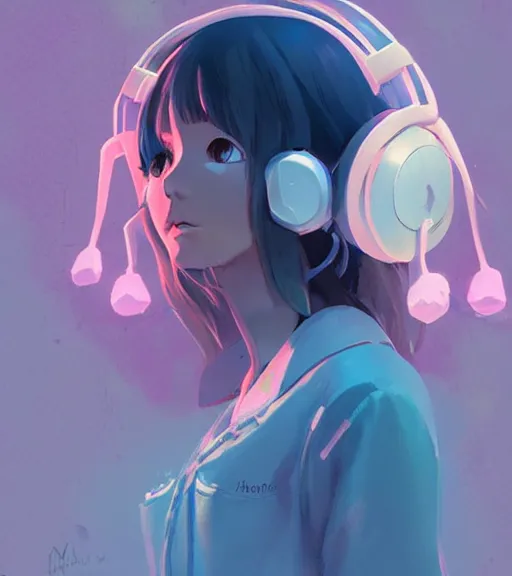 Image similar to beautiful little girl character inspired by 9 0's fashion and by madeline from celeste, art by rossdraws, wlop, ilya kuvshinov, artgem lau, sakimichan and makoto shinkai, concept art, headphones, anatomically correct, extremely coherent, realistic, hd