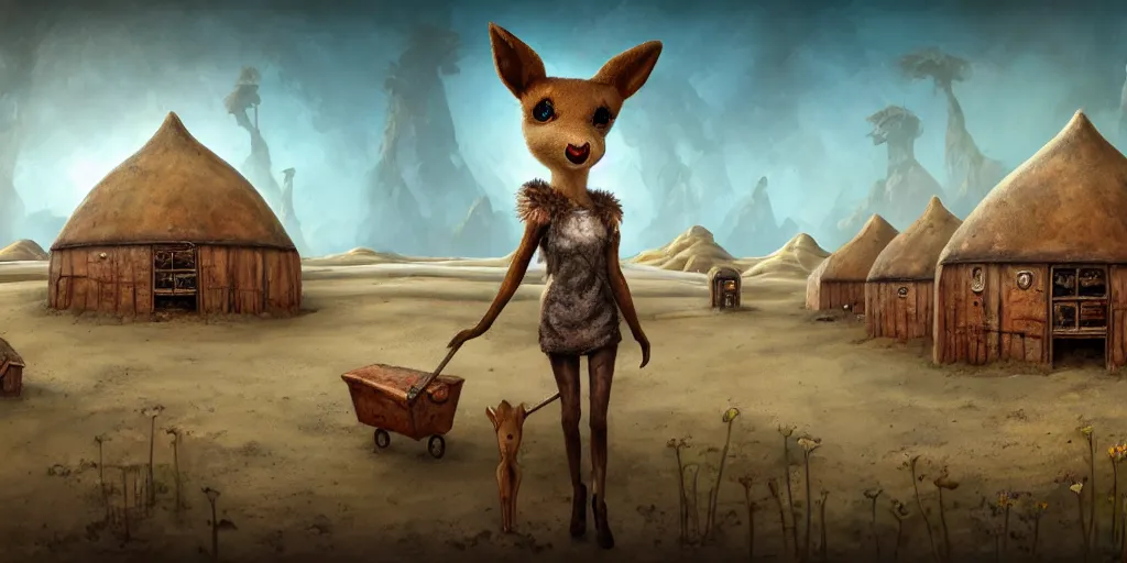 Prompt: anthropomorphic doe is visiting a post - apocalyptic merchant town of flower huts in the salt dunes, matte oil painting, extreme body modification, badlands, rust, retrofutistic, science fantasy, rpg, roguelike, epic, plants, extremely detailed, sharp focus, 4 k