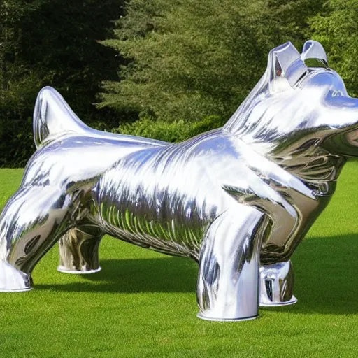 Prompt: A shiny metallic sculpture of a rough collie by Jeff Koons