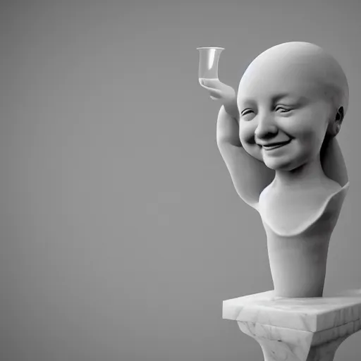 Image similar to a smiling model of a white marble human head holding a coctail, digital illustration, in the style of skeeva, 3 d render, above the waist