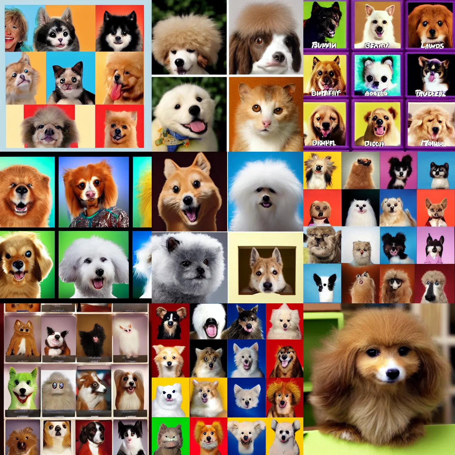 Prompt: the brady bunch intro boxes but with fluffy creatures