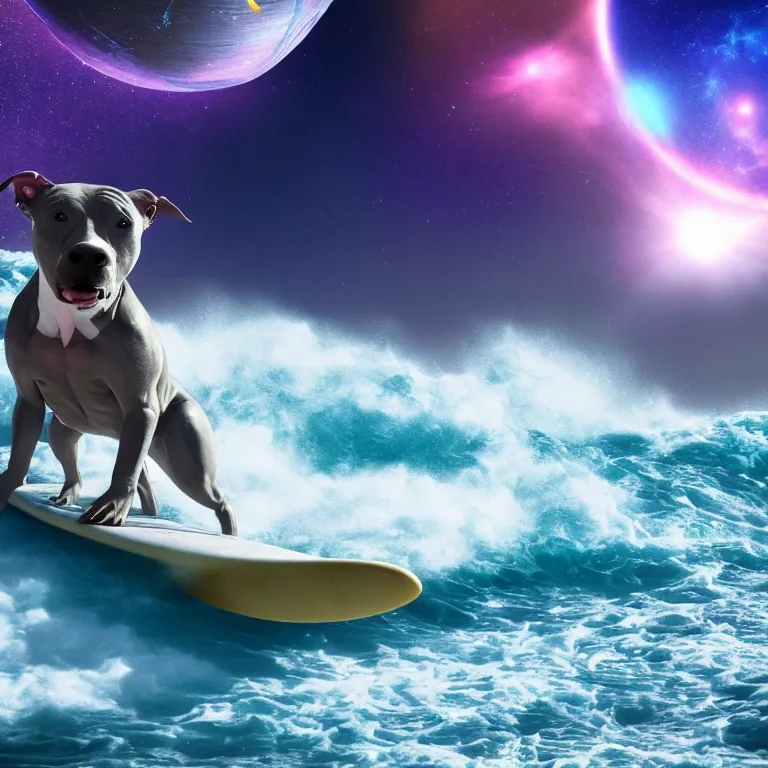 Image similar to photo of a gray coat pit bull with white paws, surfing on a surfboard in a crashing wave of alien ocean in space, background is an alien galaxy, aliens in the background, alien colors, octane render, unreal engine, wide view, 8 k, high detaild