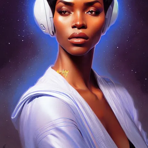 Image similar to Portrait of very very very very very very beautiful african woman, spacesuit, blue eyes, intricate, elegant, highly detailed, digital painting, artstation, concept art, smooth, sharp focus, illustration, art by artgerm and greg rutkowski and alphonse mucha