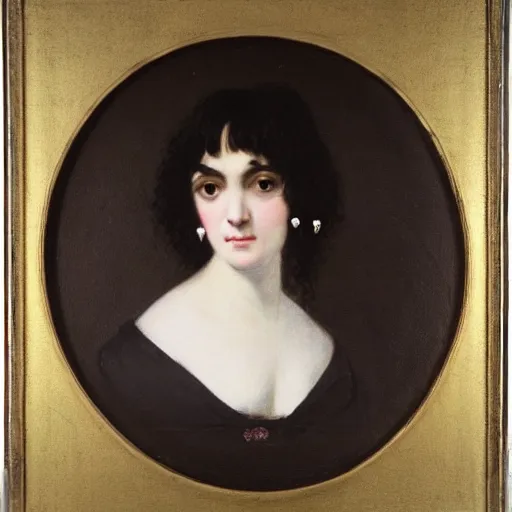 Prompt: oil portrait of a beautiful pale - skinned girl, in a lace blouse, with black hair and short bangs, the corners of the eyes are turned down, small nose with piercing and a ring is inserted, brown eyes, long eyelashes, plump lips by francisco goya