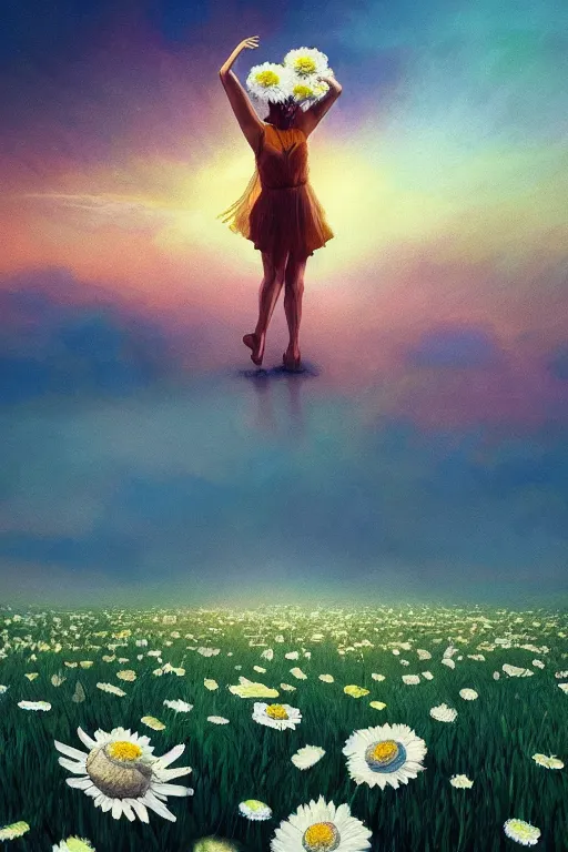 Image similar to giant white daisy flower as head, woman dancing in a flower field, surreal photography, sunrise, dramatic light, impressionist painting, colorful clouds, digital painting, artstation, simon stalenhag