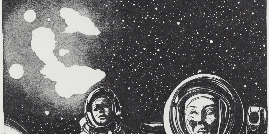 Image similar to etching portrait of a woman wearing a space helmet, scifi, big clouds visible in the background, stars in the sky, high contrast, deep black tones