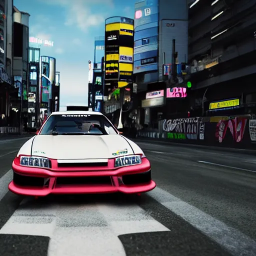 Image similar to A Jdm car drifting in shibuya streets, Hd, PhotoReal, Japanese, Moving