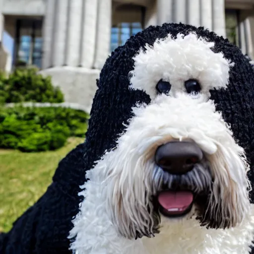 Image similar to a closeup photorealistic photograph of a cute smiling knitted bernedoodle judge dog dressed in a black gown, presiding over the courthouse. indoor image, professional capture, well lit shot. this 4 k hd image is trending on artstation, featured on behance, well - rendered, extra crisp, features intricate detail, epic composition and the style of unreal engine.