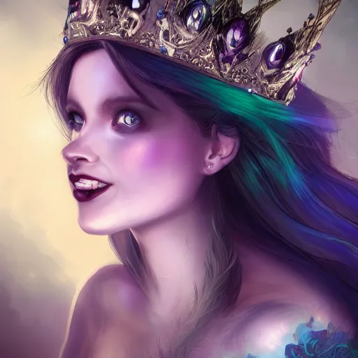 Image similar to detailed portrait of a dark fairy queen, crown, nebula wings, smiling, realism, pale blue, emerald, galaxy, sapphire,dark purple crown,leaves, moonlit, dark fantasy, dramatic lighting, cgsociety, artstation