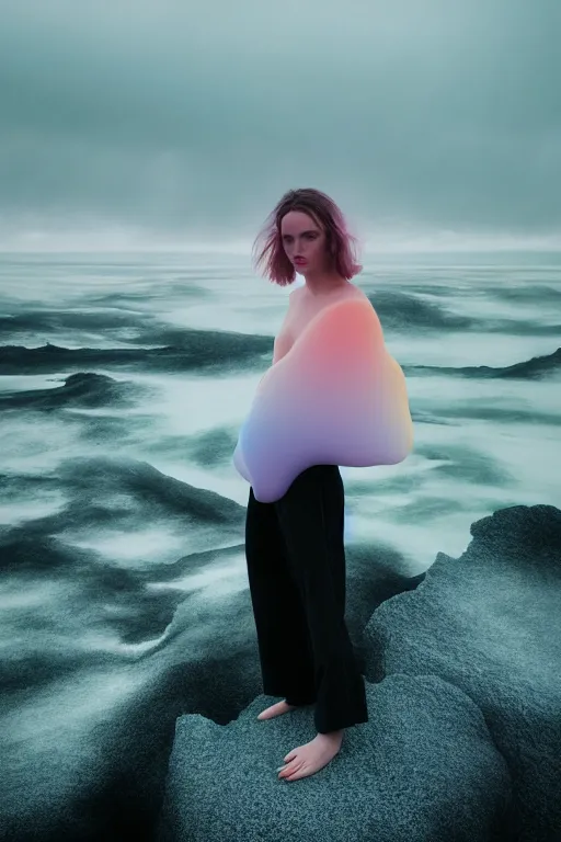 Image similar to high quality pastel coloured film close up wide angle photograph of a model wearing clothing swimming on cloud furniture in a icelandic black rock!! environment in a partially haze filled dreamstate world. three point light, rainbow. photographic production. art directed. pastel colours. volumetric clouds. pastel gradient overlay. waves glitch artefacts. extreme facial clarity. 8 k. filmic.