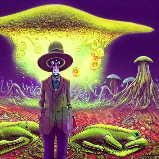 Image similar to A centered chest up portrait of a psychedelic lovecraftian godlike anthropomorphic frog smoking a hand-rolled cigarette smoking heavily , magic mushroom village in background . award winning. superb resolution. in the art style of junji Ito and greg rutkowski . Detailed Mushroom city in background. Hyper realistic anime. Perfect art. Dalle2